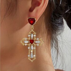 Baroque Red Heart Cross Earrings | 18k Gold-Plated Statement Dangle Earrings